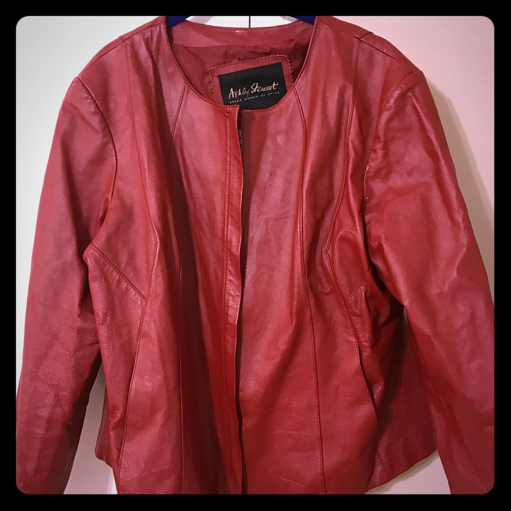 Red leather collarless jacket